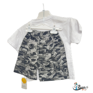 White Long Sleeve Shirt with Camouflage Shorts